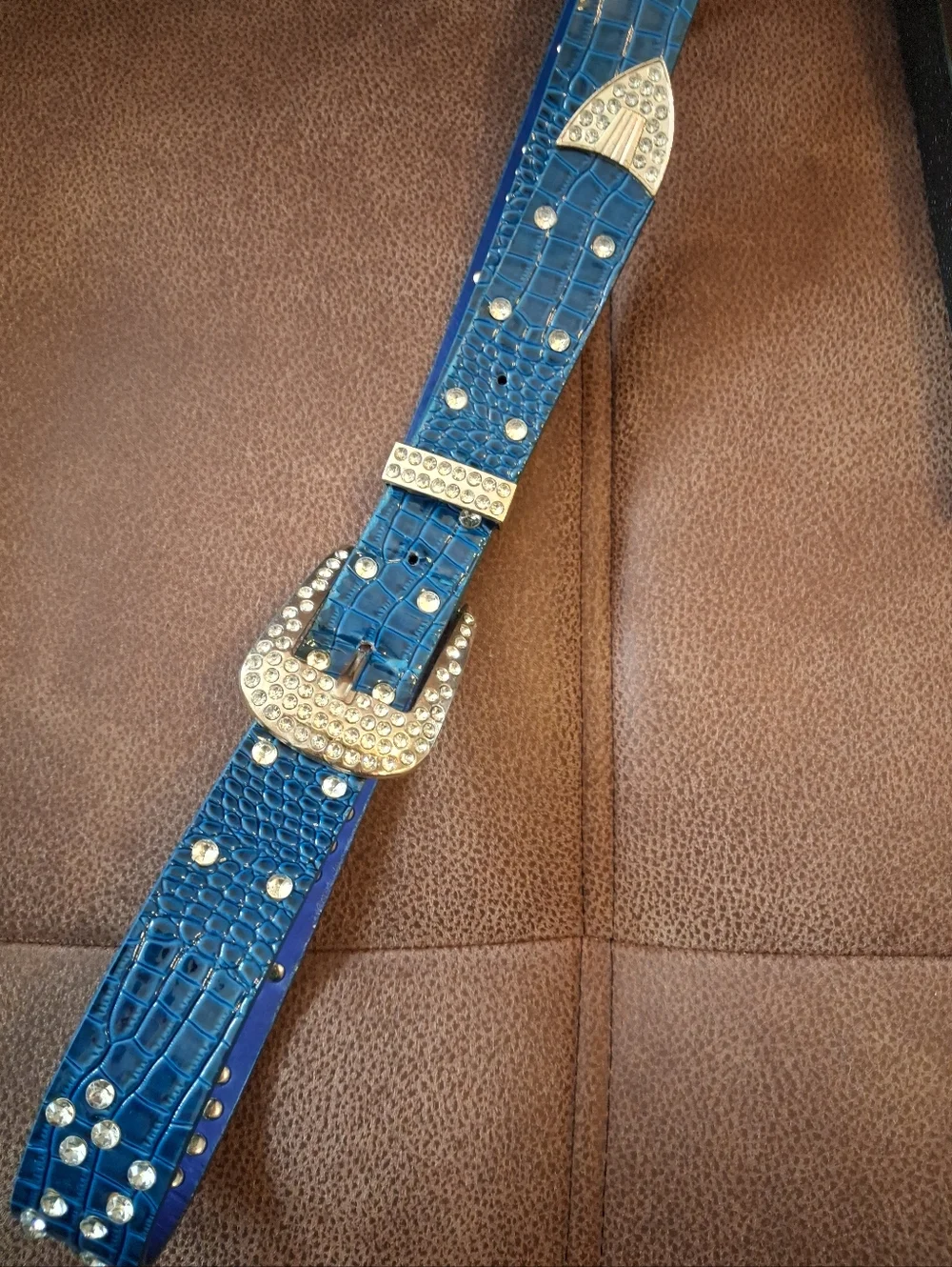 Blue Croc-Embossed Faux Leather Rhinestone Western Belt 33 To 38 Inches